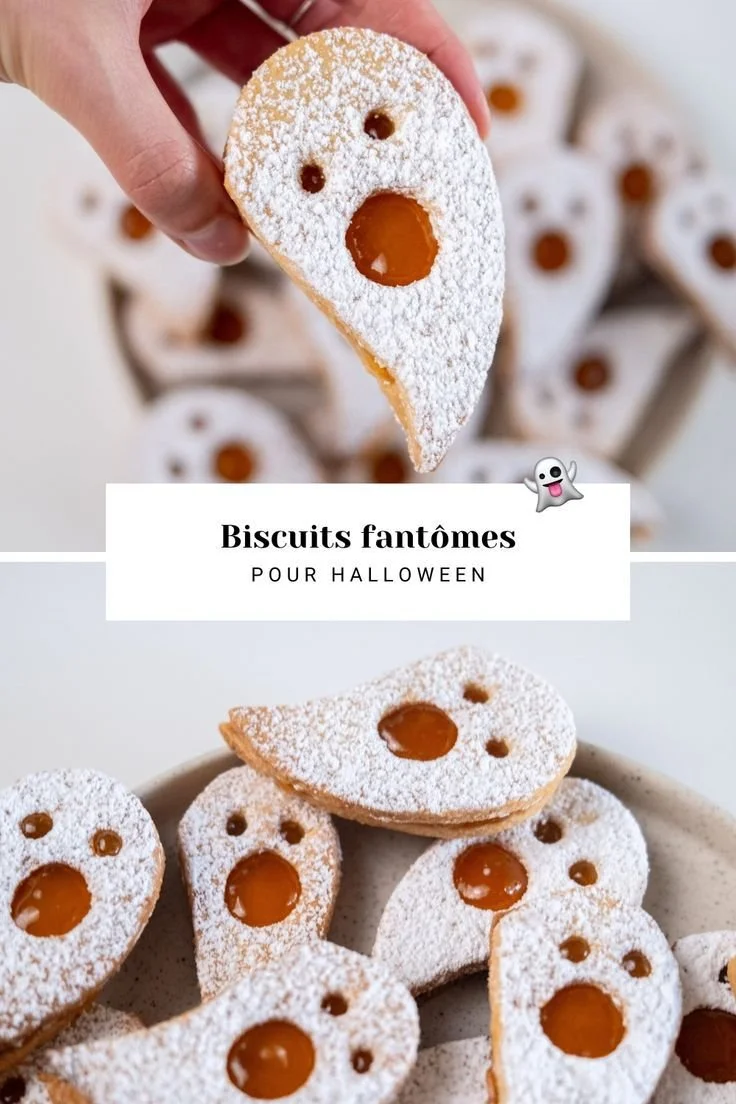 Biscuits fantômes à la confiture pour Halloween sur une assiette décorée.