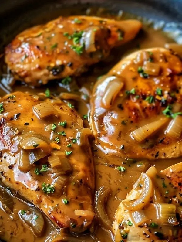 Poitrines de poulet nappées d'une sauce à l'oignon par Chef Philippe Etchebest