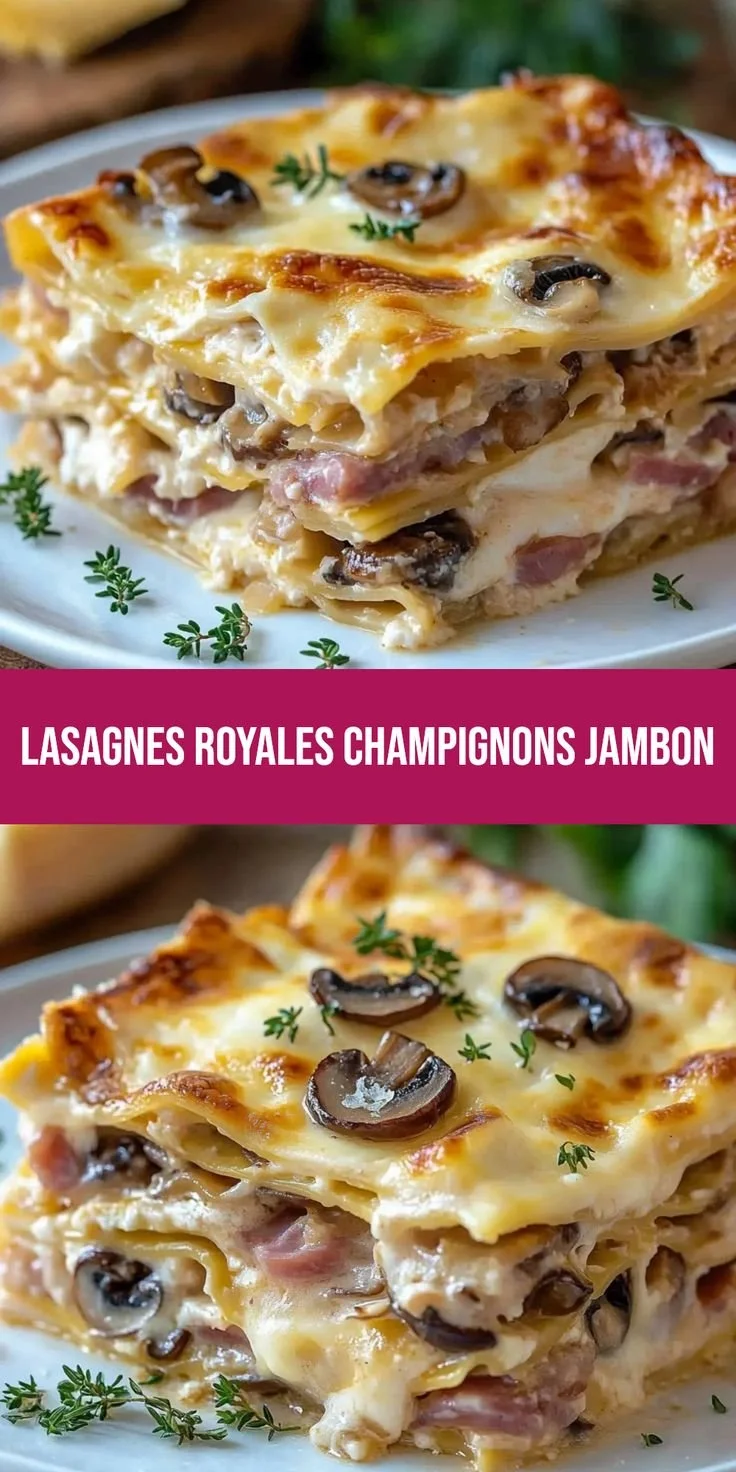 Lasagnes champignons jambon fromage servies dans un plat appétissant