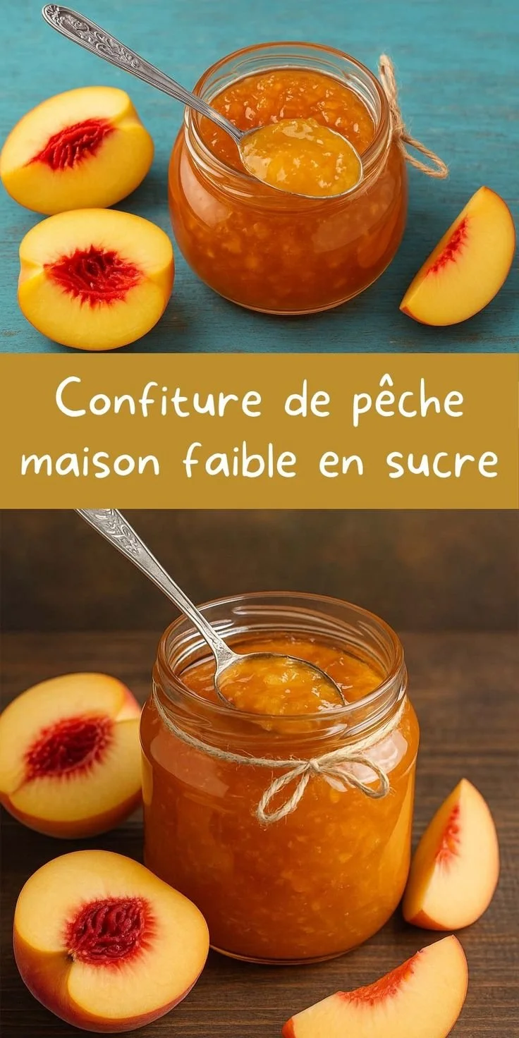 Recette de confiture de pêche maison faible en sucre et saine, sur un fond coloré de fruits.