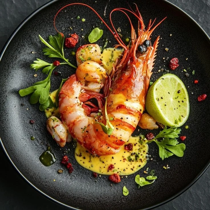 Langouste au safran et citron vert servie dans une assiette élégante.