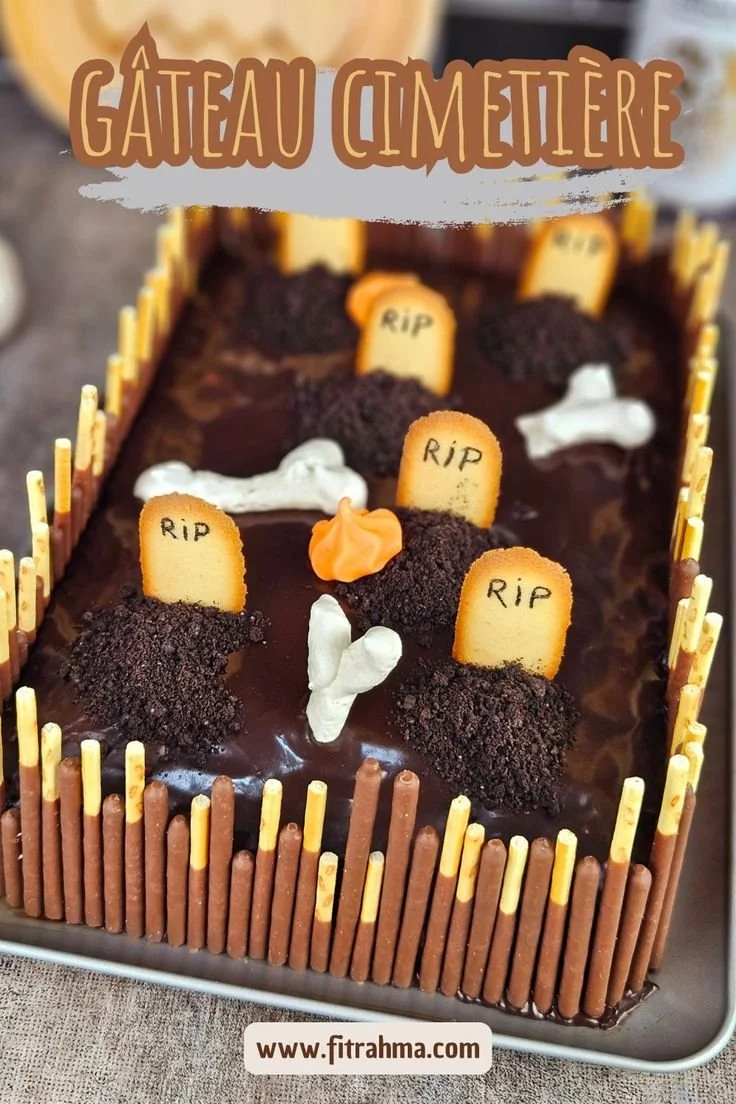 Gâteau cimetière décoré pour Halloween, avec des biscuits et du chocolat.