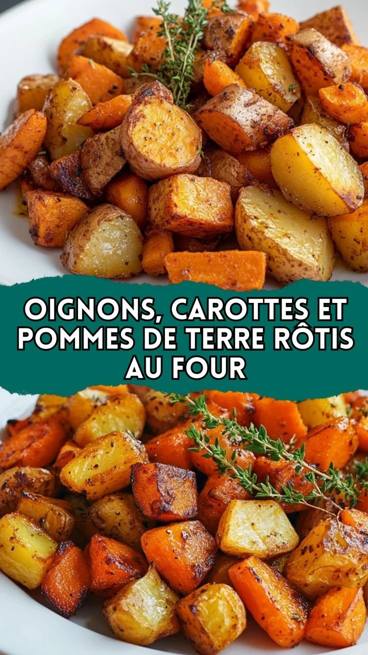 Oignons rôtis au four avec carottes et pommes de terre dorées.