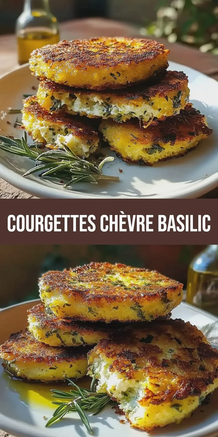 Galettes courgettes croustillantes au fromage de chèvre et basilic, mise en scène appétissante.