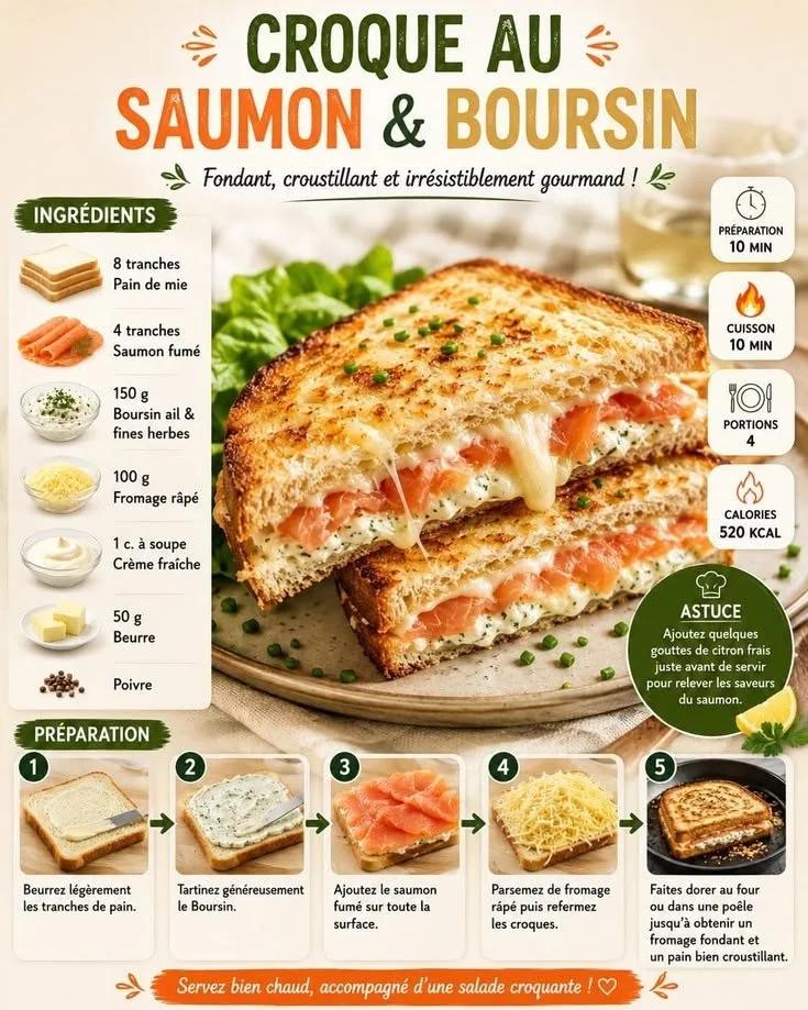 Recette croque saumon et boursin, toast garni de saumon et boursin crémeux