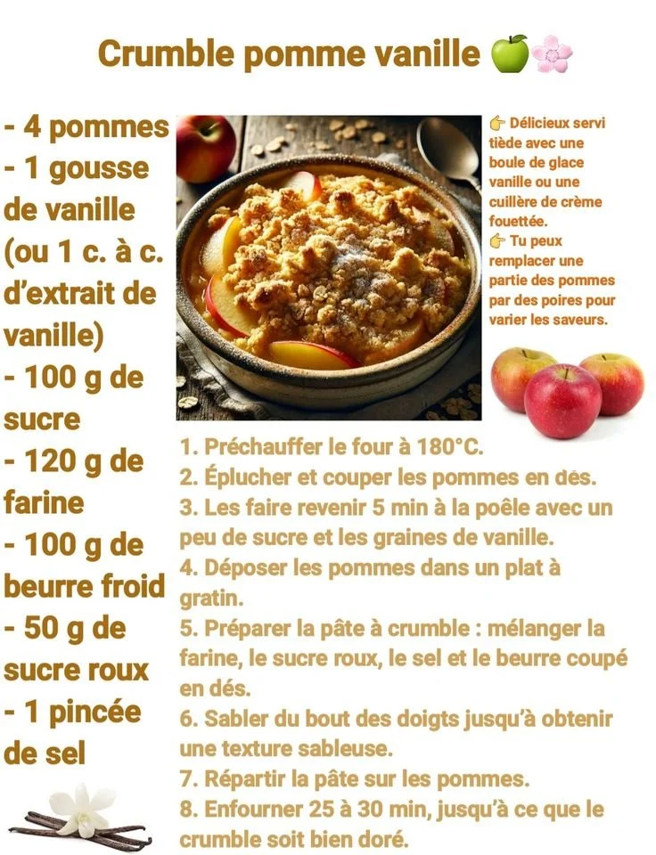 Crumble aux pommes et à la vanille servi avec une boule de glace