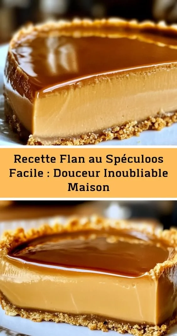 Flan au Spéculoos fait maison, doux et crémeux, garniture de spéculoos croustillants.