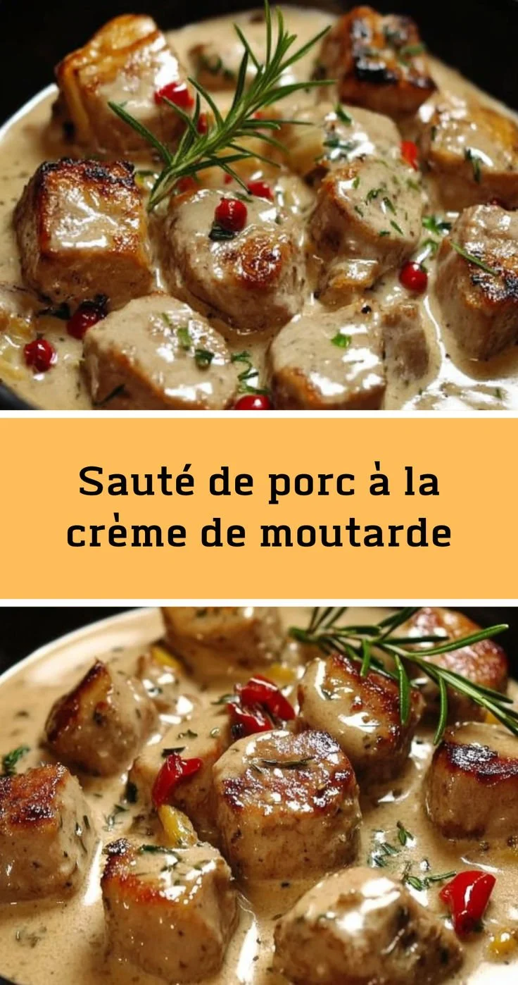 Sauté de porc à la crème de moutarde dans une assiette blanche.