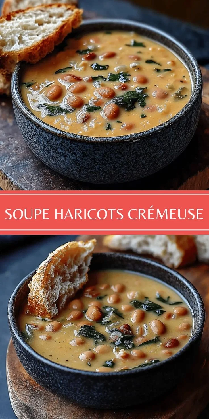 Soupe crémeuse aux haricots garnie de herbes fraîches dans un bol.