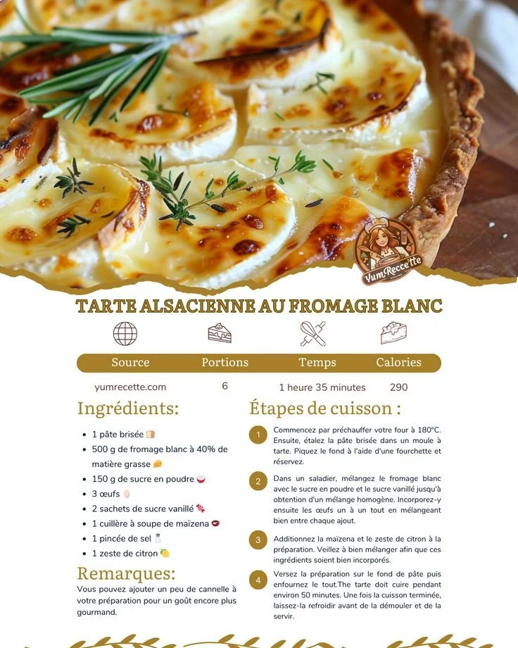 Tarte alsacienne au fromage blanc garnie et dorée au four.