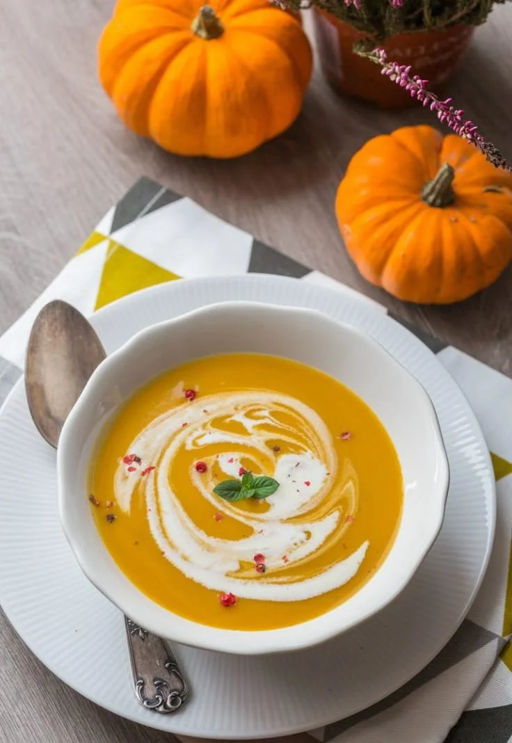 Bol de velouté de courge à la châtaigne, garnie de crème et de châtaignes grillées.